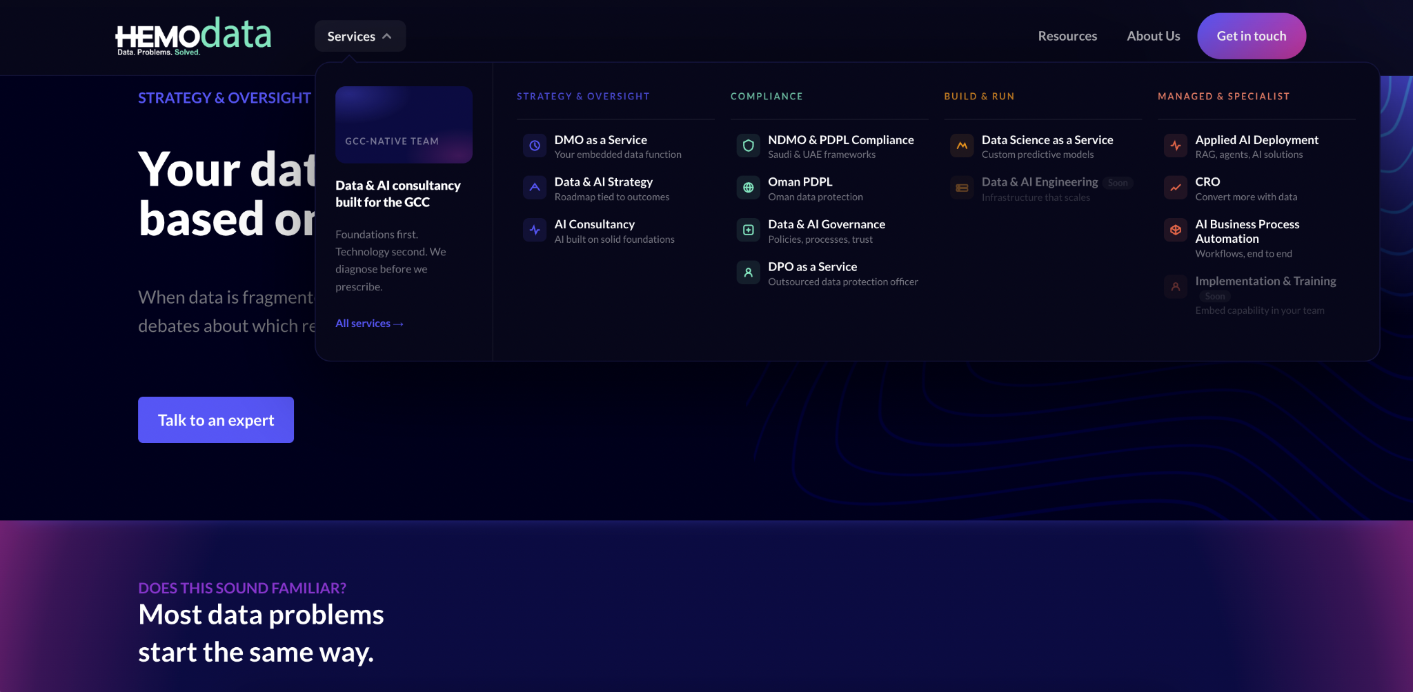HEMOdata website showing its service navigation and content